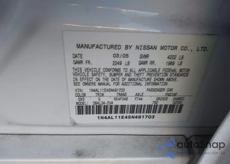 2005 Nissan Altima 2.5 S z USA, uszkodzony, nr VIN 1N4AL11E45N491703